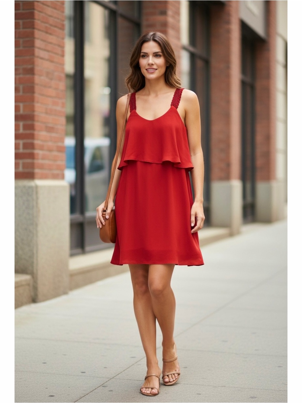 Maeve ANTHROPOLOGIE Red Sleeveless Lace Crochet Strap Flounce Dress 0P